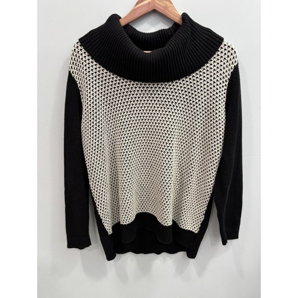 Calvin Klein Women's Black Knit Cowl Neck Sweater L Chunky Textured Contrast Top - Picture 4 of 9